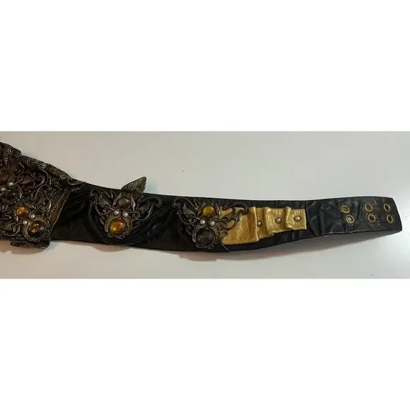 80s Nina Arjani Medium Leatherock Belt Rhinestones & Pearls Leather - Picture 4 of 10